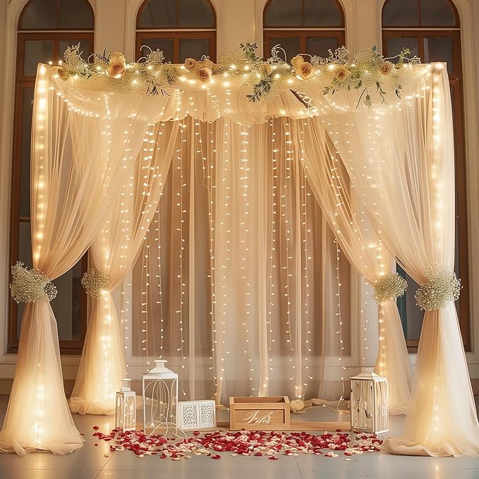 10ft x 7ft Champagne Chiffon Backdrop Curtain with Lights String for Parites Wedding Wrinkle Free Curtain Photo Backdrops Drapes for Baby Shower Birthday Party Home Decorations