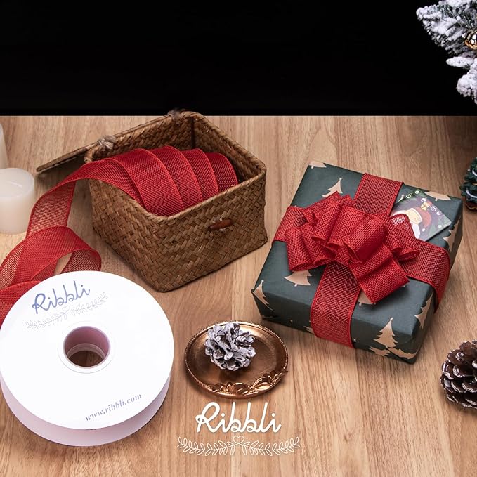 Ribbli Red Burlap Wired Ribbon, 1-1/2” Inch x Continuous 20 Yard, Red Wired Ribbon for Wreaths,Big Bows,Tree Decoration,Outdoor Decoration