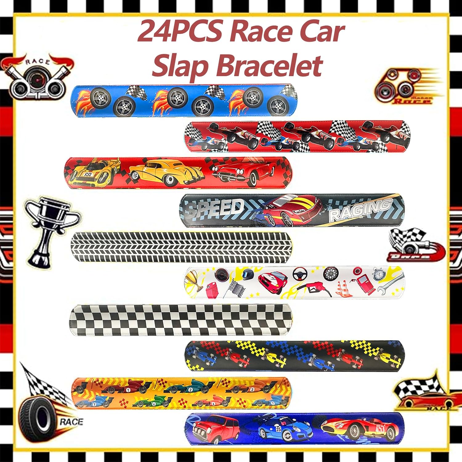CZWXOXO 24 Pcs Race Car Party Decorations Favors Racing Bracelet Racing Wristbands Bracelet Checkered Slap Bracelets Dirt Bike Task Game Decorations Car Birthday Party Supplies