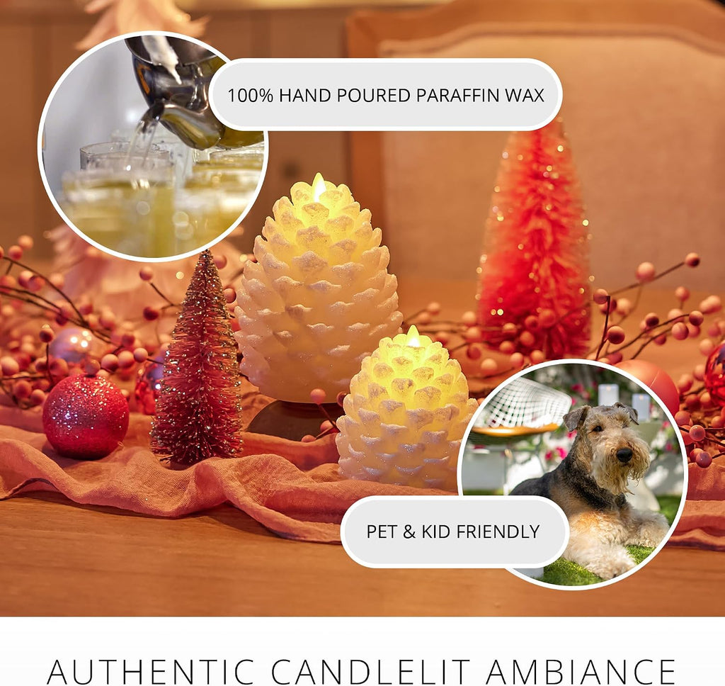 Luminara Pinecone Flameless Candle White Swan Glitter and Snow Finish Pine Cone Figural, Real Wax Unscented LED Candles, Battery Operated with Timer, Holiday Decoration (3.9" x 4.3")