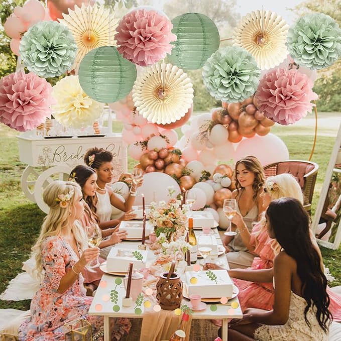 Dusty Pink and Sage Green Party Decorations Dusty Rose Sage Green Tissue Pom Poms Paper Lanterns Confetti Dots Scatter Table Decoration for Women Girls Birthday Party Wedding Baby Shower Engagement