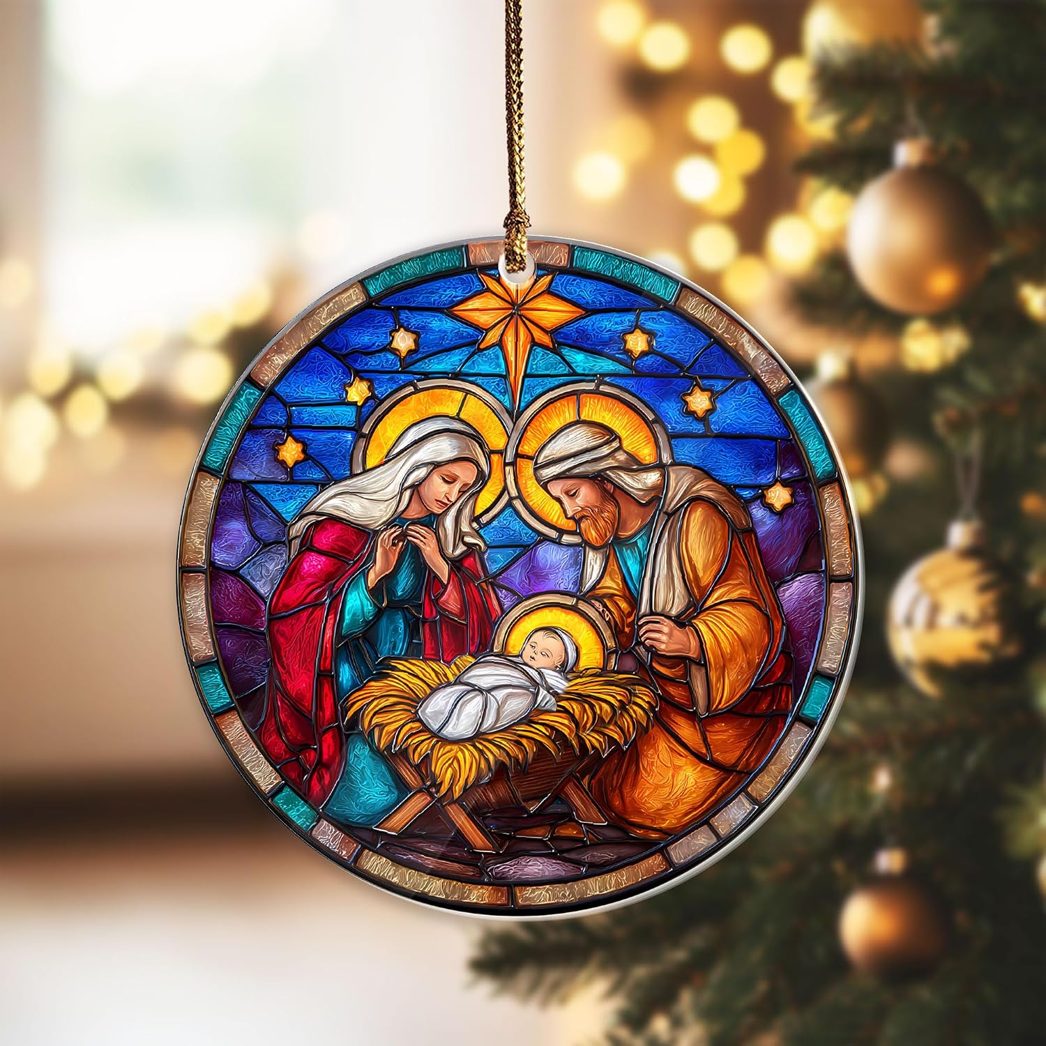 Christmas Nativity Scene Ornament 2025, Holy Family Stained Glass Effect 3.54" Acrylic Ornament, Baby Jesus Ornaments for Christmas Tree Decor - Catholic Religious, Christian Gifts for Women, Friends