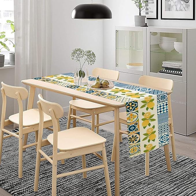 Lemon Table Runner,Watercolor Blue Fruits Green Leaves Print Table Cloth Kitchen Dining Table Home Party Decoration 13x72 Inch