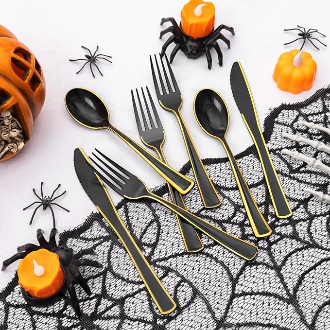 WDF 180 Pieces Black and Gold Plastic Silverware -Halloween Black Plastic Cutlery Incluede 60 Forks 60 Knives 60 Spoons Heavy Duty Disposable Flatware - Gold Utensils for Halloween/Party/Daily Use