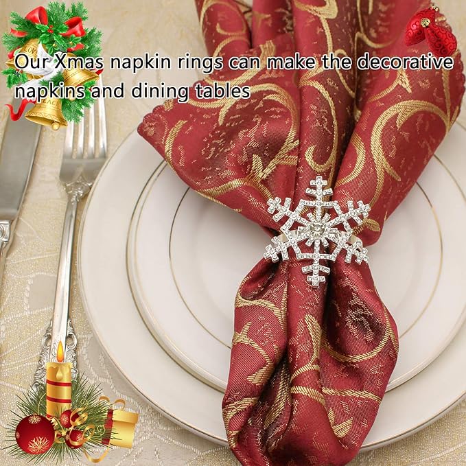 Halatool Set of 6 Christmas Rhinestone Snowflake Napkin Rings for Xmas Dining Table- Napkin Ring Holder for Christmas, Thanksgiving, Holiday Party Table Decoration