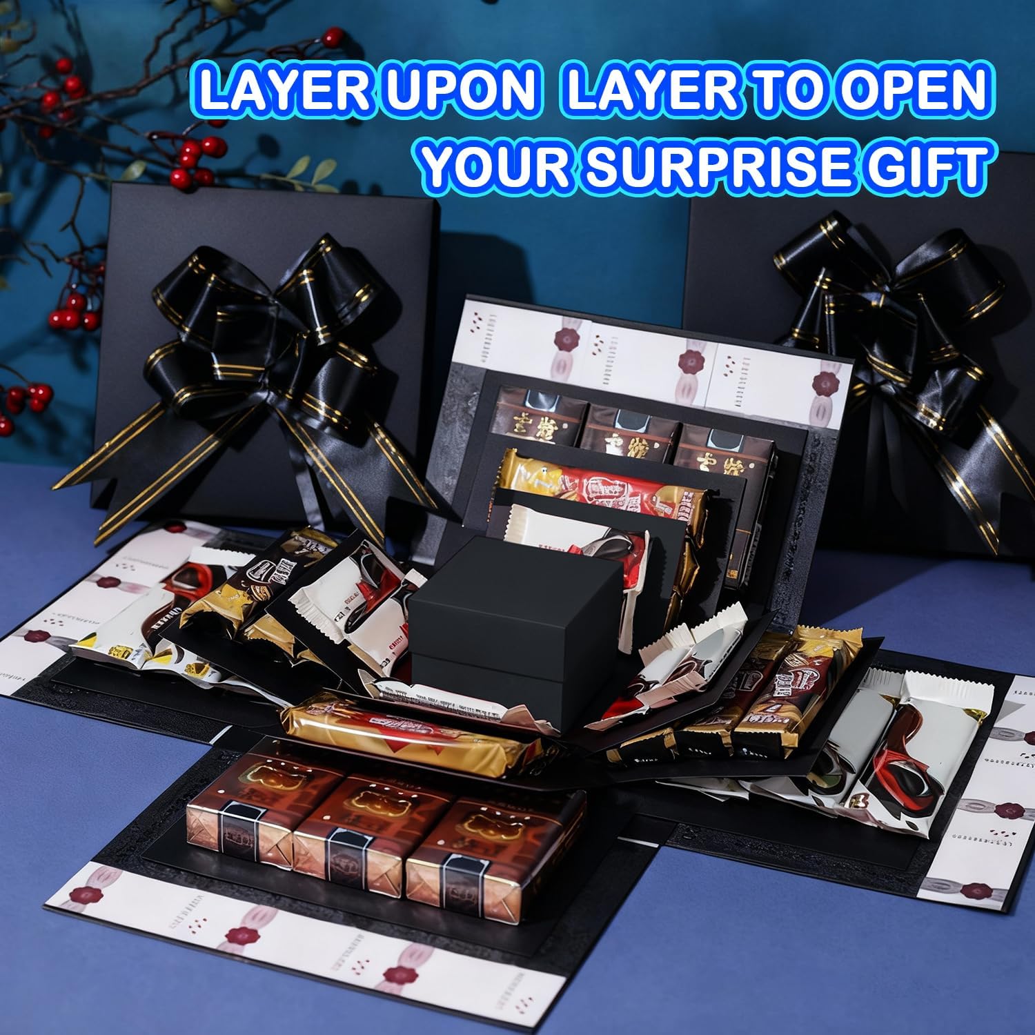 Romiona 5-Layer creative explosion gift box, gift wrap box (Black, Square) | Create a 5-Layer of gifts by yourself. An ideal, mysterious self-made gift for birthday, Christmas and anniversaries.