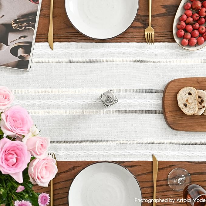 Artoid Mode Rustic Cotton Linen Table Runner, Seasonal Embroidered Hollow Kitchen Dining Table Decoration for Home Party Decor 13x36 Inch