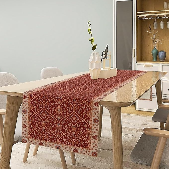 Boho Floral Vintage Table Runner, Red Retro Flower Rustic Country Farmhouse Abstract Pattern for Home Kitchen Table Decor Dining Coffee Room Party Decor 13x72in
