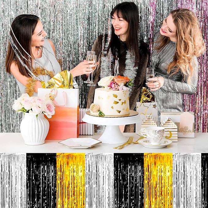 3 Pack 29 x108 Inch Black Gold Silver Foil Fringe Table Skirts Metallic Banner for Tinsel Streamer Garland Backdrop for Parade Floats Mother's Day, Graduate, Birthday, Wedding Party Decoration