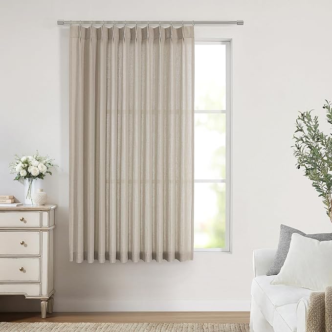 Vision Home Sand Pinch Pleated Semi Sheer Curtains Textured Linen Blended Light Filtering Window Curtains 72 inch for Living Room Bedroom Patio Pinch Pleat Drapes with Hooks 1 Panel 60" Wx72 L