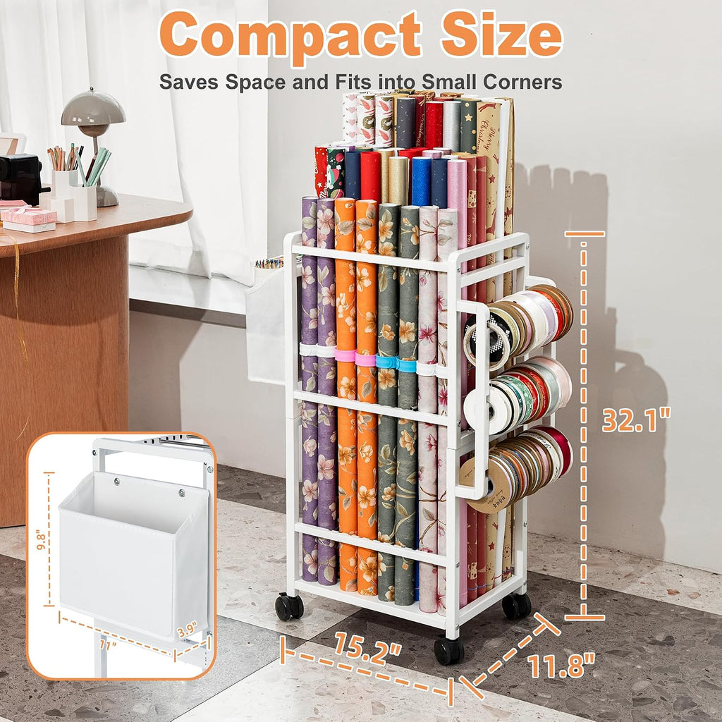 Aquzee Gift Wrapping Paper Organizer Storage, Rolling Gift Wrap Storage Stand, Vertical Wrapping Paper Storage Cart, Ribbon Organizers, 12 PCS Slap Bracelets, Adjustable Rod Design, White