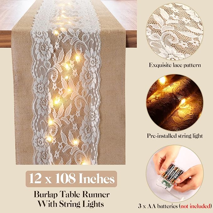 Tudomro 6 Pcs Burlap Table Runner with LED String Lights 12 x 108 Inches Rustic Jute Lace Table Runners Farmhouse Jute Linen Decoration Wedding Decor for Holiday Party Wedding Decorations
