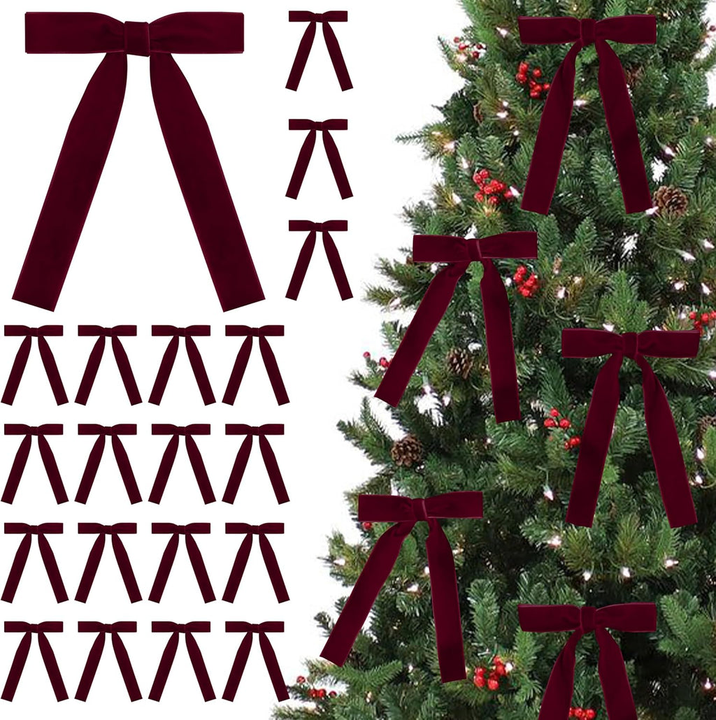 SIMISI RIBBON 24 Pcs Burgundy Velvet Bows Christmas Tree Ornaments Vintage Ribbon Bow for Tree Garland Wreath Rustic Crafts Gift Indoor Outdoor Xmas Decorations