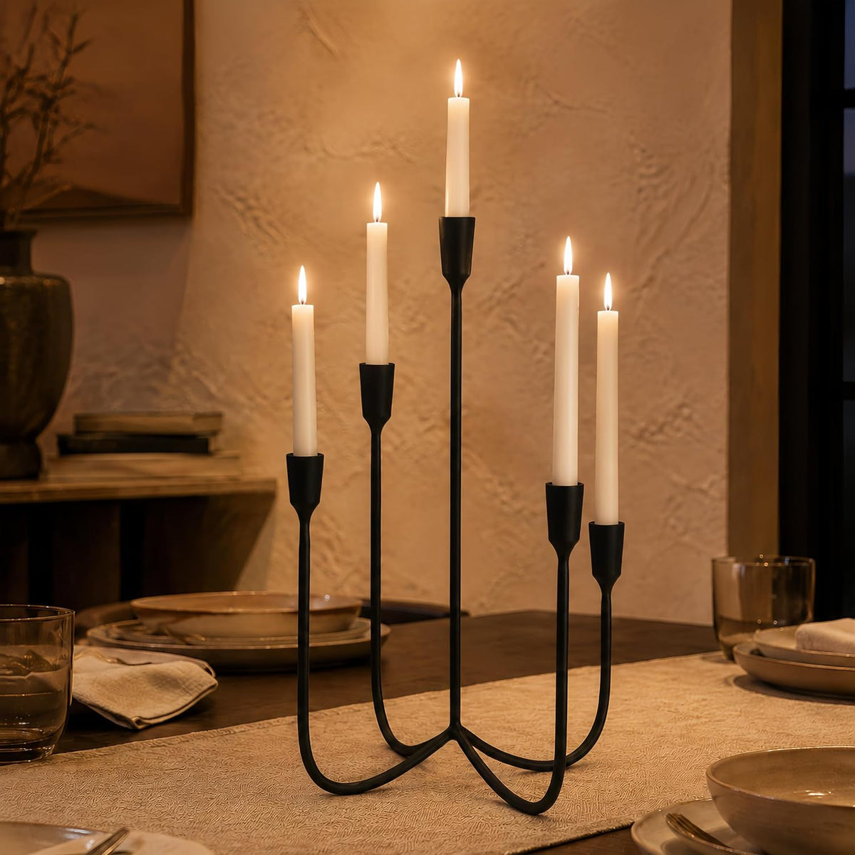 Black 5 Arm Candelabra Candle Holder, Metal Taper Candle Stand