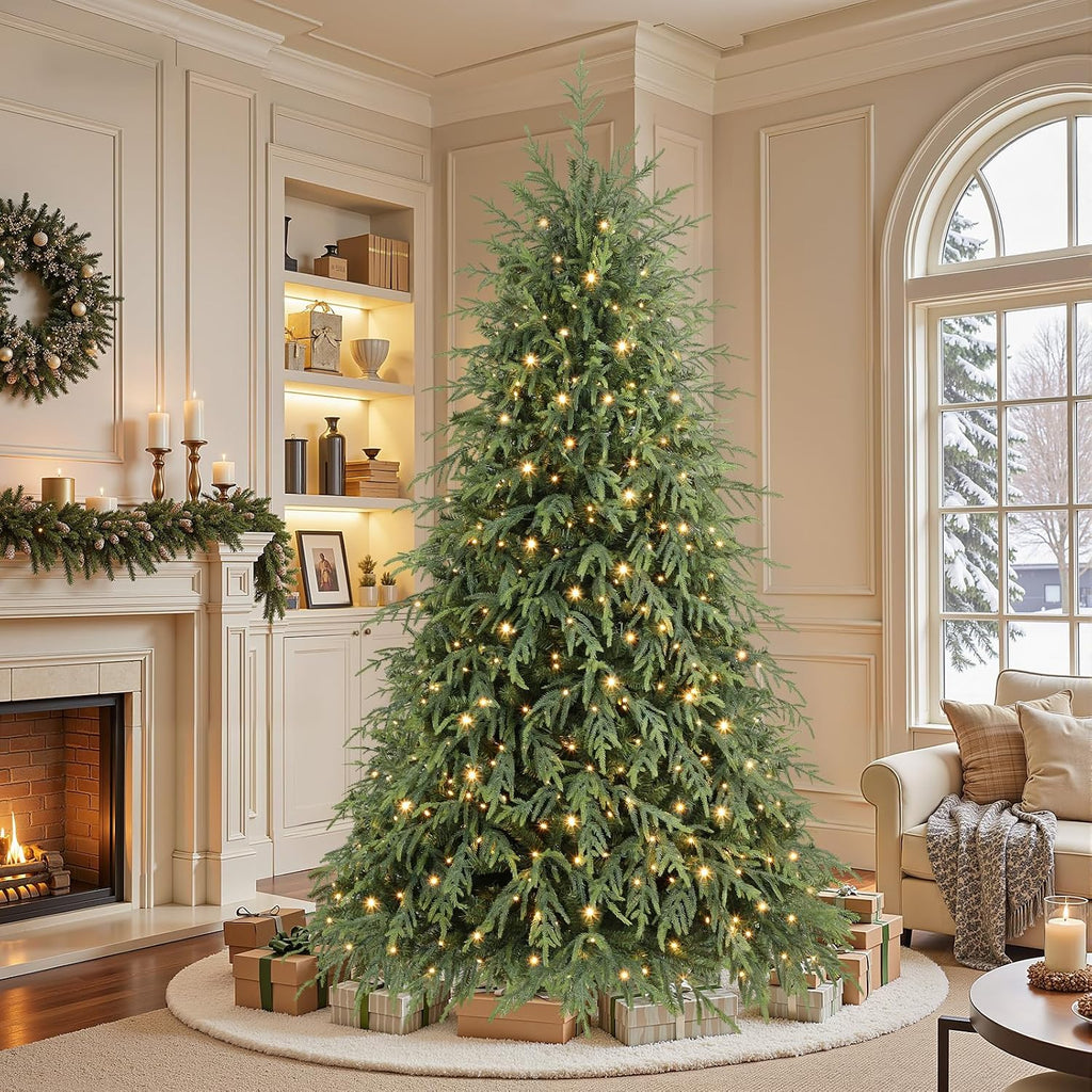shareconn 7ft prelit artificial norfolk pine christmas tree, front angle view