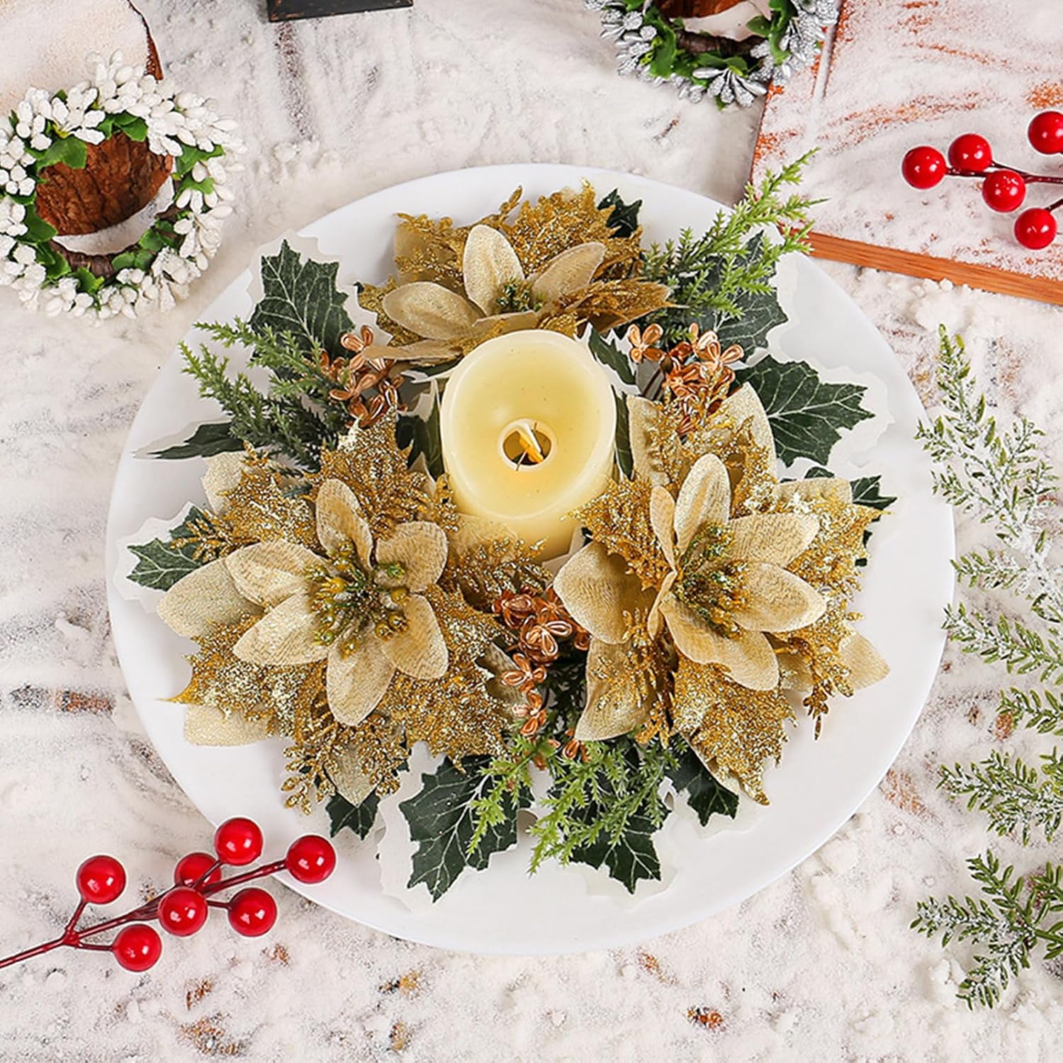 mdgfge Christmas Candle Rings Wreath Holder Artificial Gold Flower Pine Candle Rings with Holly Leaves for Xmas Party Holiday Table Pillars Decoration