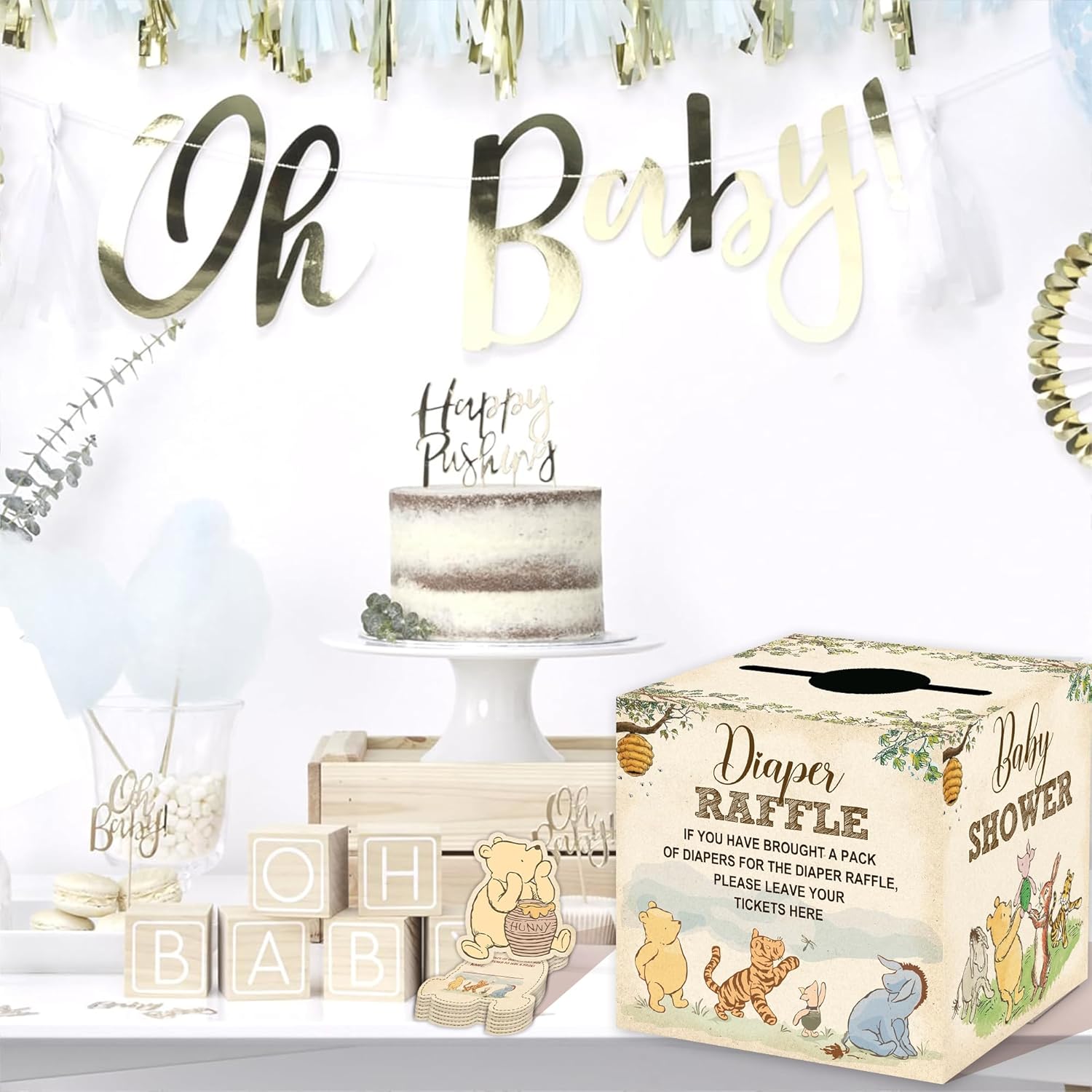 Winnie Baby Shower Decorations, Pooh Party Decorations, The Pooh Baby Shower Games, Winnie Diaper Raffle Box with 50Pcs Cards，Newborn Party Favors Boys and Girls First Birthday Supplies