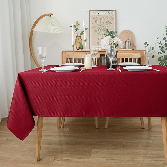 Biscaynebay Textured Fabric Christmas Tablecloths 60x108 Inches Rectangular, Red Water Resistant Spill Proof Tablecloths for Dining, Kitchen, Wedding and Parties, Machine Washable