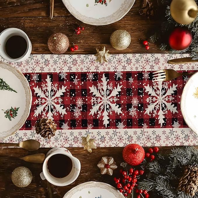 Buffalo Plaid Christmas Cotton Linen Table Runner for Dining Kitchen, Snowflake Red Black Check Wedding Outdoor Party Tablerunner Decoration,Retro Dresser Scarf Coffee Tablecloth Runners 13x120 Inches