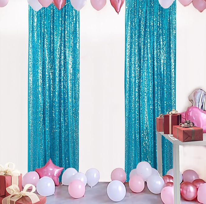 ShinyBeauty Sparkle Backdrop Curtain Aqua 2 Panels Set Sequin Photo Backdrop Turquoise 2FTx8FT Sequin Backdrop Curtain Aqua Blue Pack of 2-1220S