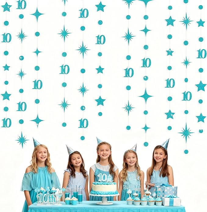 Teal Blue 10th Birthday Decorations Number 10 Circle Dot Star Garland Glitter Streamer Banner Backdrop for Girls Boys Double Digits Cheers to 10 Years Old Birthday 10th Anniversary Party Supplies