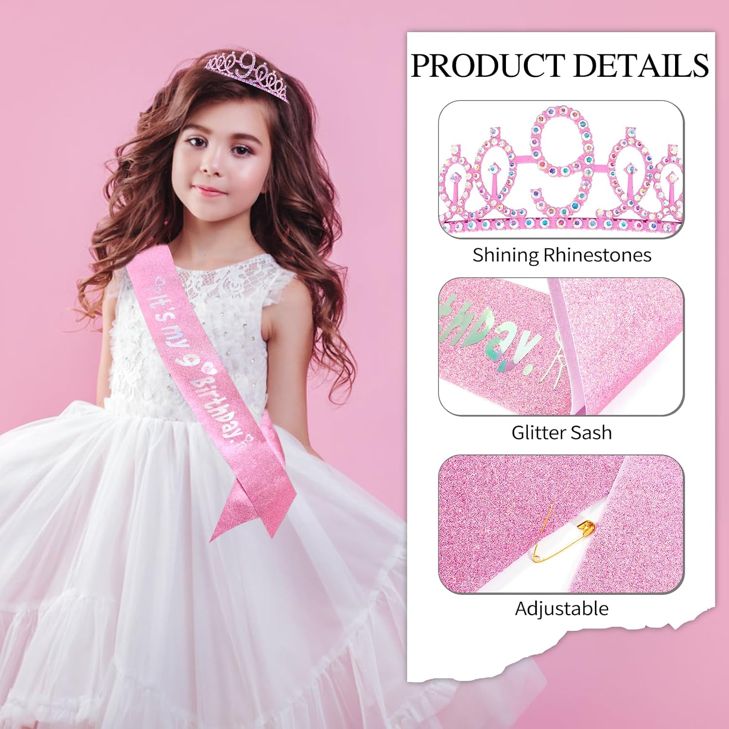 9th Birthday Party Decorations Set for Girls- Pink Crown, Glitter Sash, Number 9 Candle & Cake Topper Kit for Birthday Celebrations Party Supplies Gift