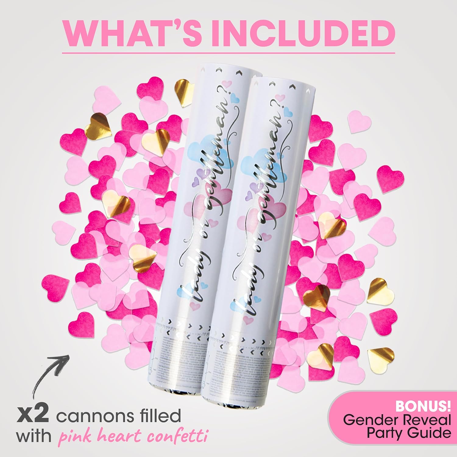 PrimePure Gender Reveal Confetti Cannon, Heart Shaped, Pink Paper, 2 Pack