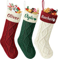 Dreamdecor Personalized Christmas Stockings with Names Monogram, 18” Large Family Knitted Xmas Stocking with Leather Nameplate for Kids, 1 Pack Customized Christmas Stockings for Fireplace Holiday