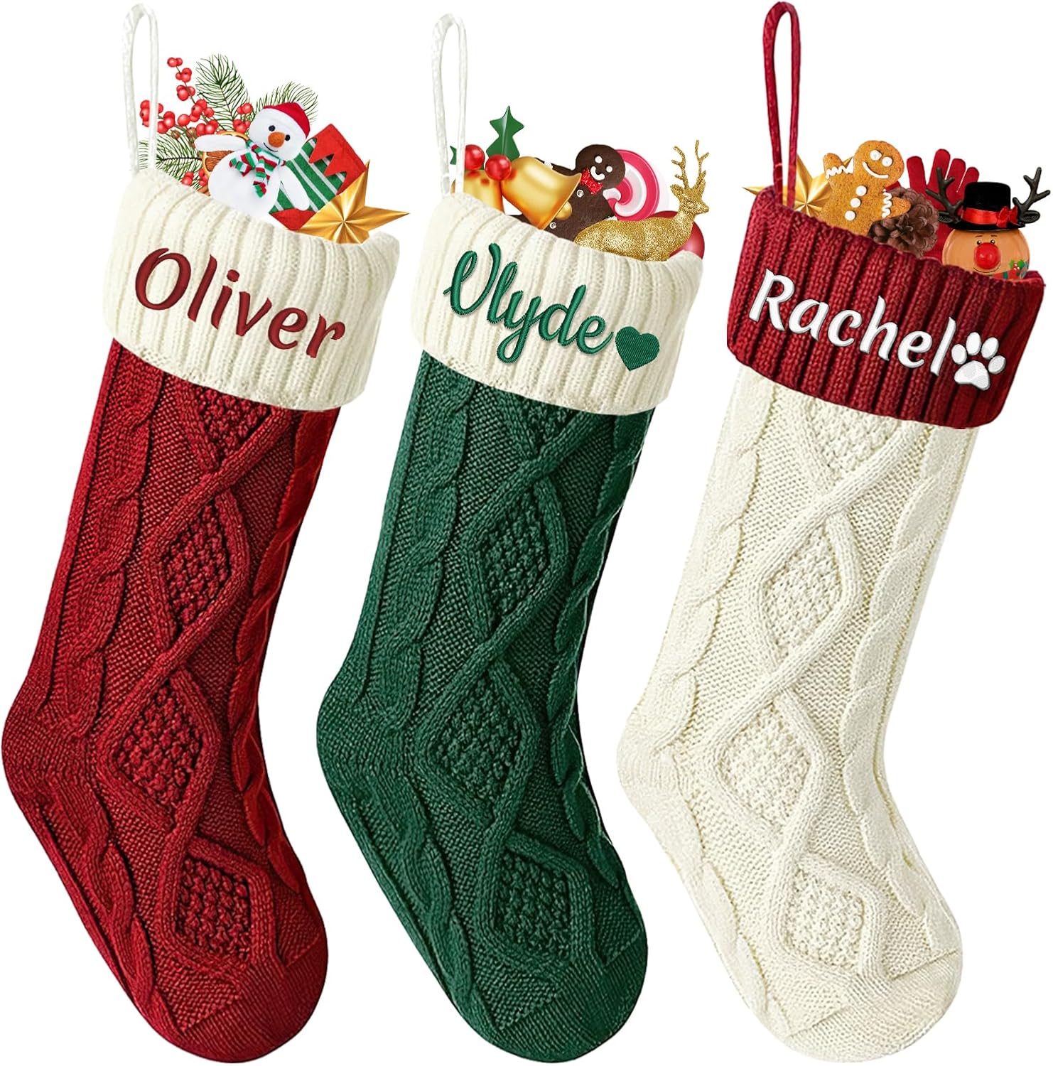 Dreamdecor Personalized Christmas Stockings with Names Monogram, 18” Large Family Knitted Xmas Stocking with Leather Nameplate for Kids, 1 Pack Customized Christmas Stockings for Fireplace Holiday