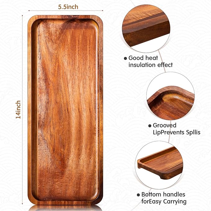 Roowest 5 Pack Solid Acacia Wood Serving Trays for Laser Engraving Rectangular Wooden Board for Food Appetizer Serving Tray Plates for Vegetables Fruit Cheese Housewarming Gifts(14 x 5.5 Inch)