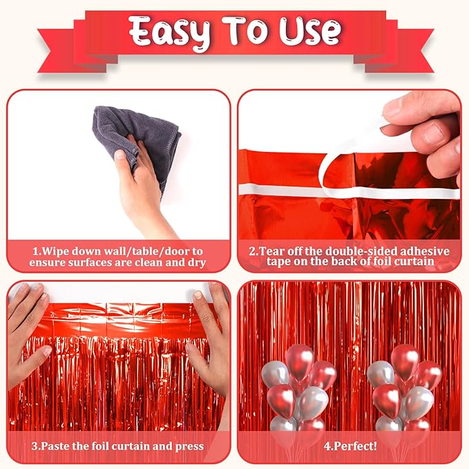 2 Pack Red Tinsel Foil Fringe Curtains, Red Party Decorations, Metallic Tinsel Party Streamers Backdrop for Birthday Red Carpet Christmas Graduation Carnival Valentine's Party Decorations