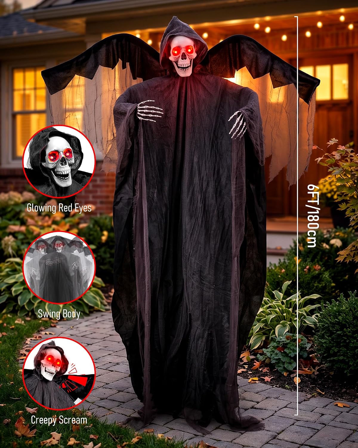 74'' Sound Activated Animatronics Skeleton, Outdoor Halloween Skeleto...