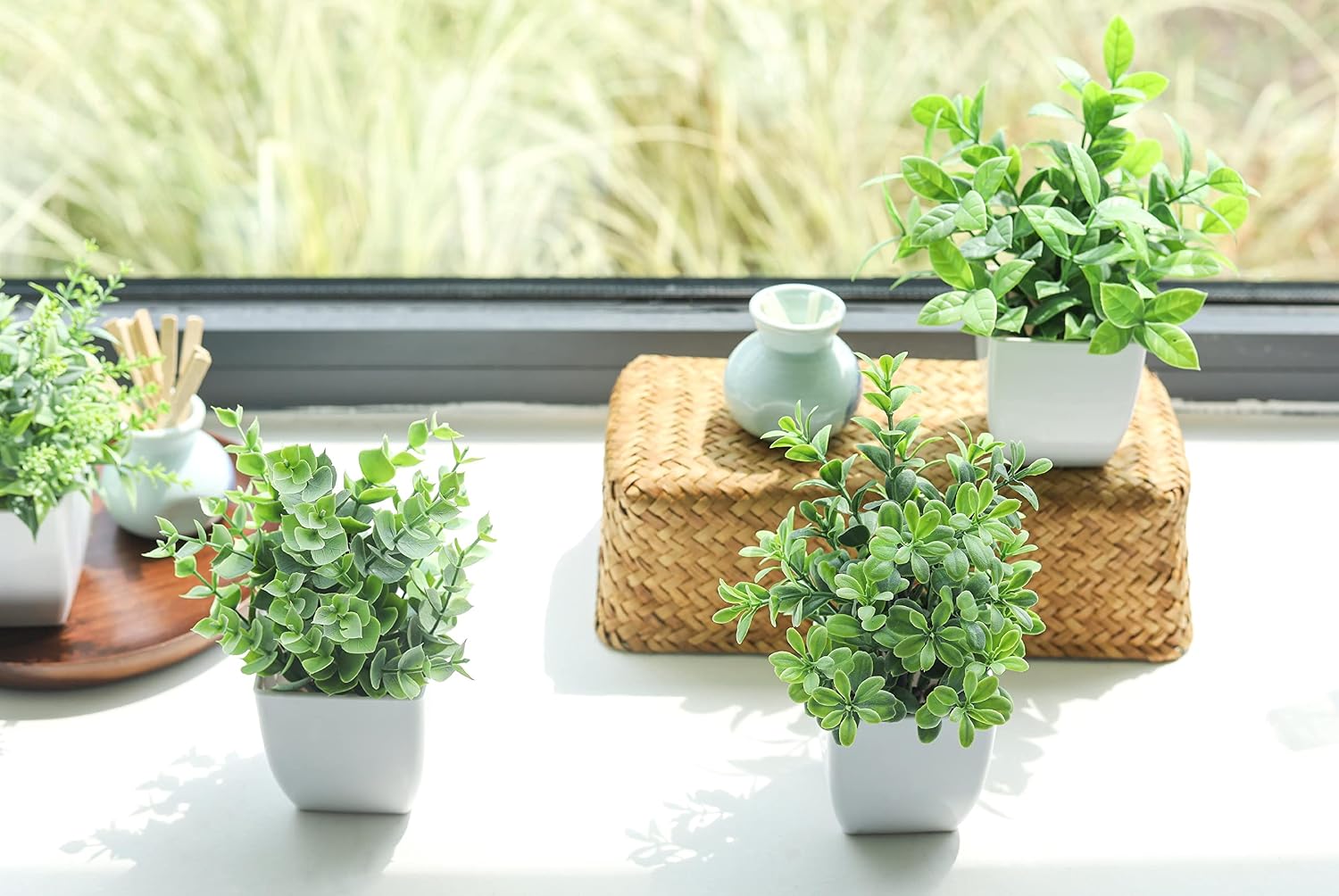 Der Rose 4 Pack Fake Plants Mini Artificial Greenery Potted Plants for Home Decor Indoor Office Table Room Farmhouse Bathroom Decor