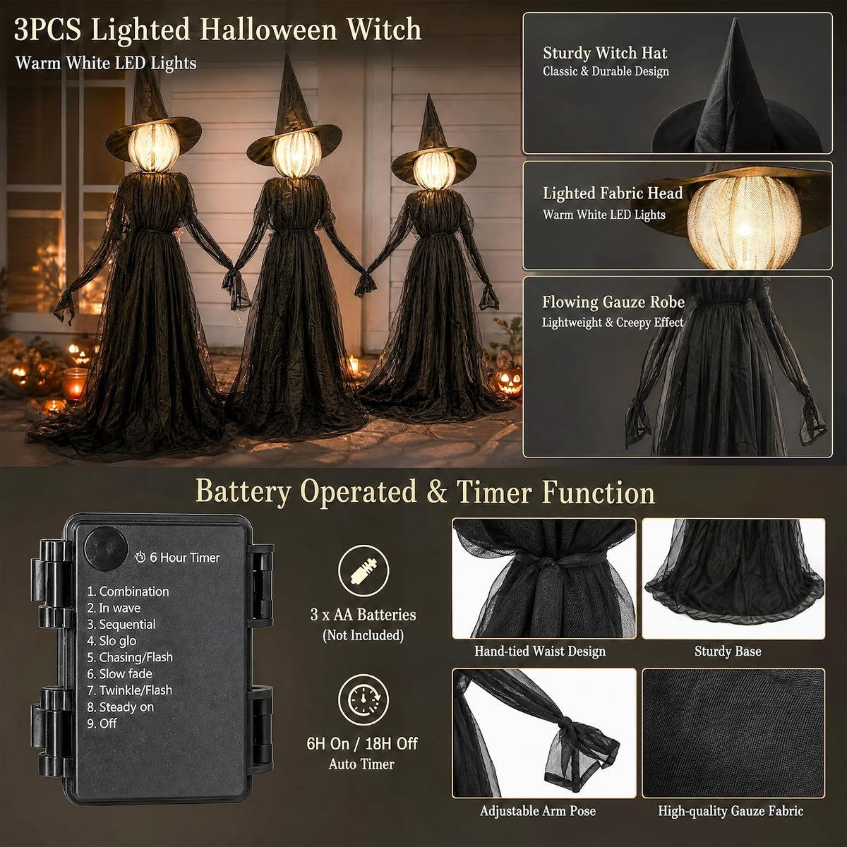 NEROSUN Halloween Witches Decorations Outdoor, 5 FT Set of 3 Light Up Holding...