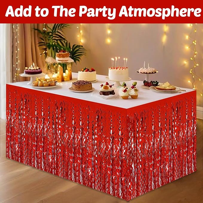 6 Pack 29x108 Inch Red Wave Foil Fringe Table Skirts Metallic Banner for Tinsel Streamer Garland Backdrop for Parade Floats Wedding, Mother's Day, Birthday Mardi Gras Party Decorations
