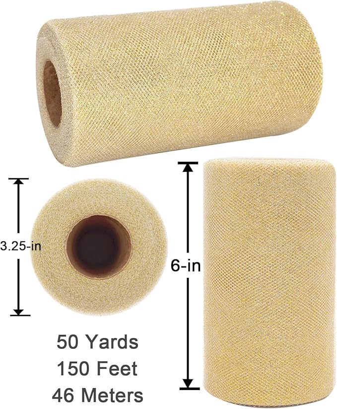 Glitter Gold Tulle Fabric Rolls, 6 Inch 50 Yards (150ft) Sparkling Spool Ribbon Sequin Netting for Tutu Skirt Gift Wrapping Wedding Party Decoration (White/Gold)