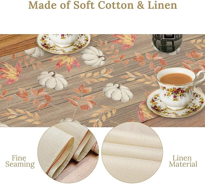 Autumn Table Runner,Pumpkins Maple Leaves Wood Fall r Seasonal Table Runner Kitchen Dining Table Decoration for Home Party Decor 13x90 Inch