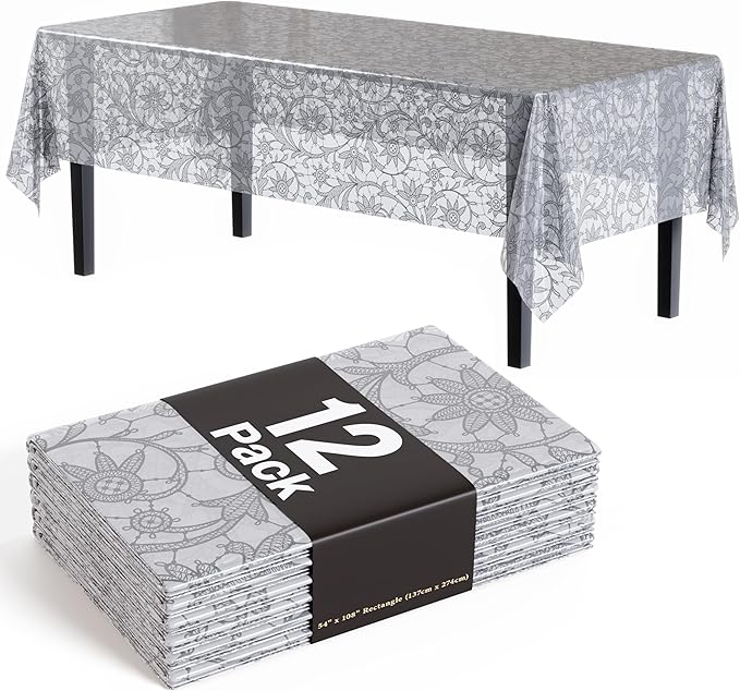 Exquisite Lace Table Cloth Rectangle Table Plastic 12-Pack Lace Tablecloth Rectangular 54" X 108" | Silver Floral Tablecloth Disposable | Wild Flower Party Decorations & Party Supplies