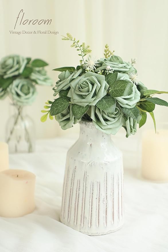 Floroom Artificial Flowers 25pcs Real Looking Elf Green Foam Fake Roses with Stems for DIY Wedding Bouquets Bridal Shower Centerpieces Sage Green Floral Arrangements Home Decorations