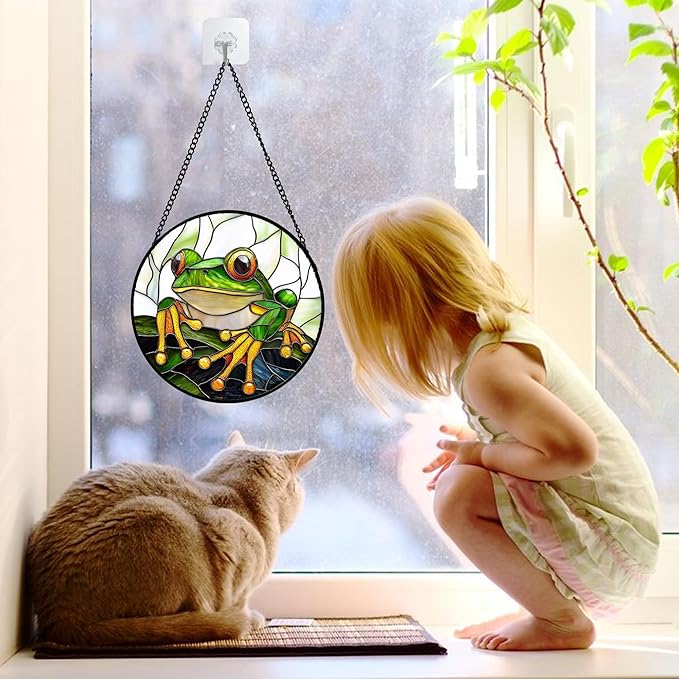 Stained Glass Window Hanging, Green Frog White Petals Sun Catchers Colorful Glass Panel Cute Suncatcher Decor for Birthday for Women, Men, Wife, Aunt, and Mom 6.3 in