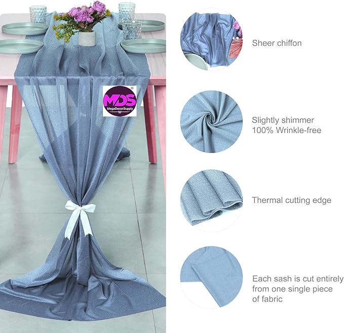 MDS 2 Pack 10ft Chiffon Table Runner 29 x 120 Inches Sheer Wedding Runner Romantic Rustic Table Runner for Wedding Decorations, Birthday Parties, Bridal Shower Party Arch Decor - Dusty Blue