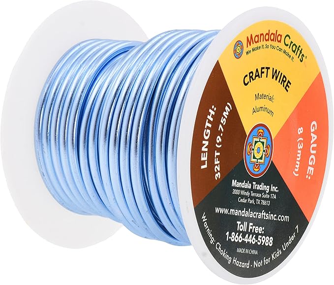Mandala Crafts 8 Gauge Anodized Aluminum Craft Wire for Jewelry Making - 32 FT Colored Flexible Ice Blue Wire - Bendable for Bonsai Armature Crafting Sculpting