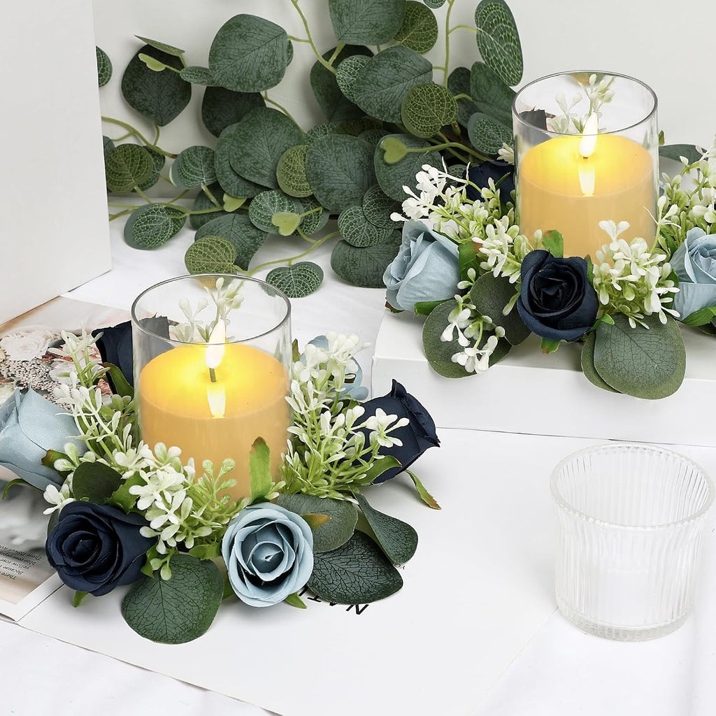 6 Sets Rose Rings Wreaths with LED Candles - Artificial Roses Eucalyptus Wreath Wedding Centerpiece for Wedding Bridal Shower Banquet Table Decor - Navy Blue