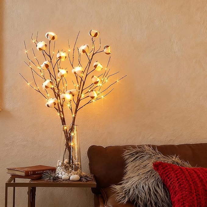BAOLITVINE Lighted Willow Branches with Timer Battery Operated 100 LED Fairy Lights, Brown Twig Branches 32IN for Home Bedroom Fireplace Christmas Decoration Inside Outdoor