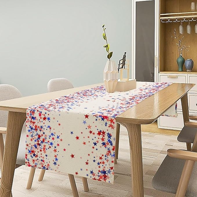 Independence Day Table Runner, 4th of July Red Blue Stars American President Day Holiday Confetti Print Table Cover for Kitchen Dining Table Indoor Outdoor Party, 13x36inch
