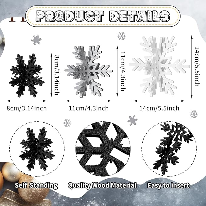 Bucherry 12 Pcs Wooden Snowflake Table Decor 3D Snowflake Tabletop Signs and Centerpiece for Christmas Xmas Winter Wonderland Decorations Home Party(White, Gray, Black)