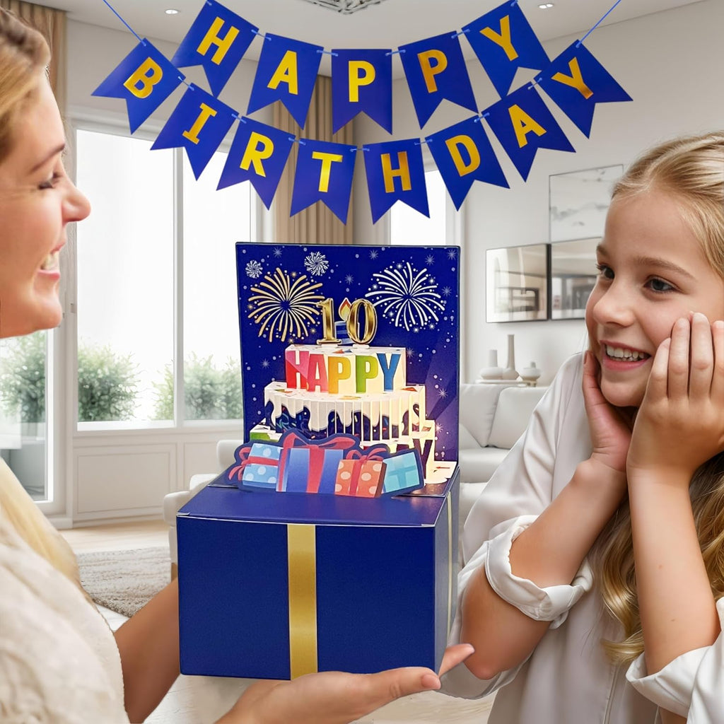 JINSTABAG Birthday Money Box for Cash Gift, Money Pull Box with Music Light DIY Sticker 13th 16th 18th 21th Any Age and Banner, Birthday Decorations for Boys Girls Kids Adult (Dark Blue)