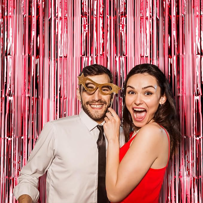 2 Pack Red Foil Fringe Backdrop Curtains, Tinsel Streamers Birthday Party Decorations, Fringe Backdrop for Graduation, Baby Shower, Gender Reveal, Disco Party