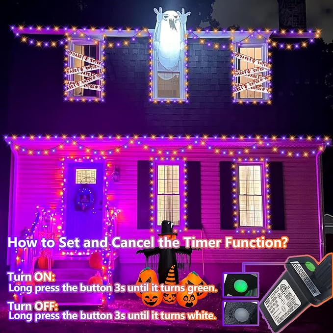 YEGUO 165ft 500 LED Halloween Lights Outdoor Waterproof, Orange and Purple String Lights Indoor, Green Wire Christmas Tree Lights Plug in with Timer Memory 8 Modes