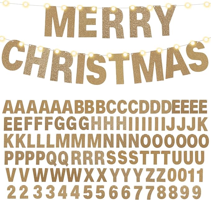 TaoBary 112 Pcs DIY Letter Kit Glitter Customizable Banner Letters Include 107 Letters and Numbers 3 Rope and 2 Needles for Birthday Halloween Christmas Wedding Valentine Party Decor(Champagne Gold)